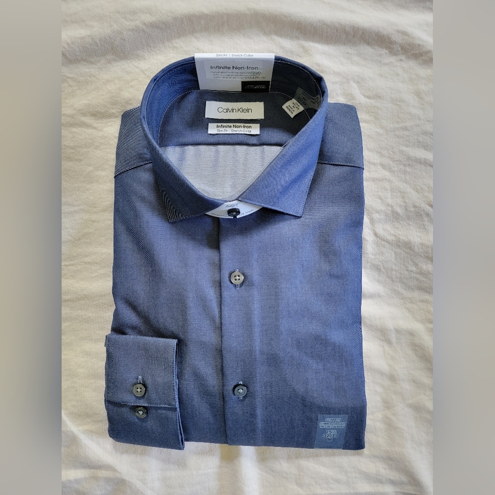Calvin Klein Infinite Non Iron Slim Fit 15 1/2 32/33 Dress Shirt 👔 Denim Blue
